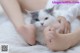 A woman is petting a white and gray cat on a bed.