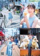 A woman in a blue dress holding an ice cream cone.