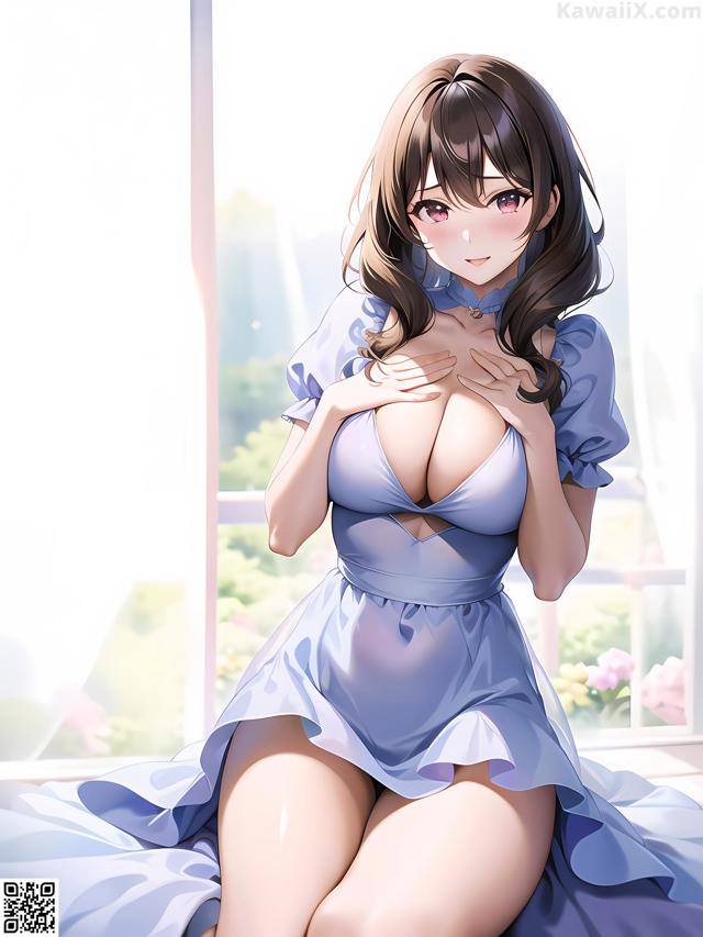 A woman in a blue dress sitting on a window sill.
