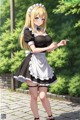 A woman in a maid outfit pointing at something.