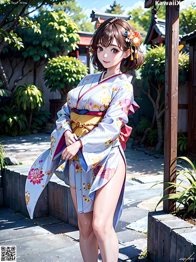 A woman in a kimono standing in front of a building.