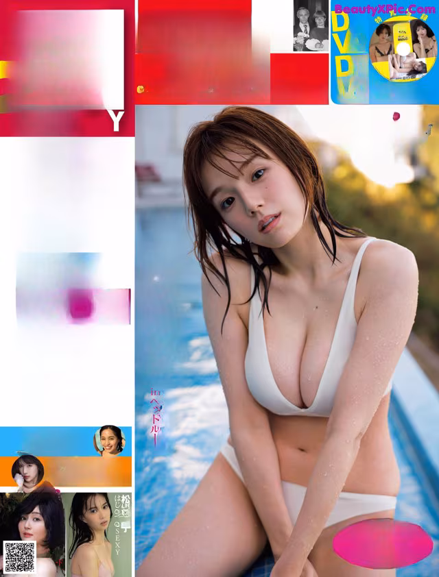 A woman in a white bikini sitting on the edge of a pool.