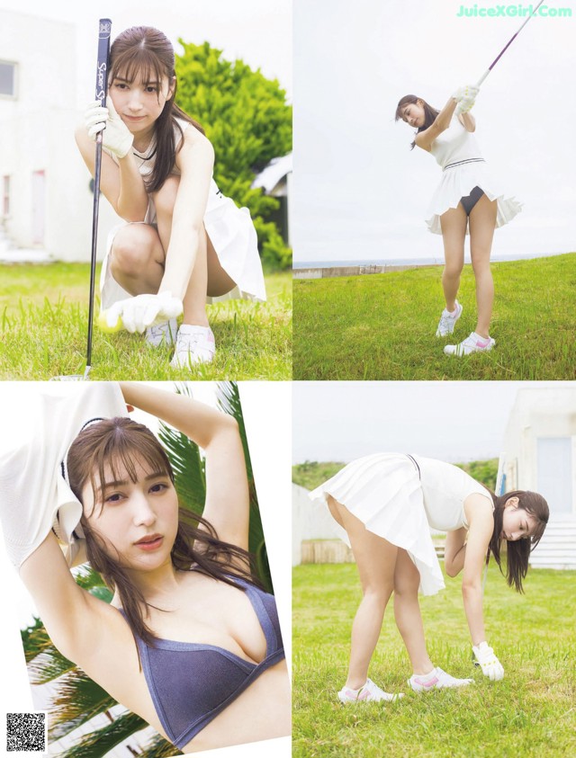 A woman in a white dress is playing golf.
